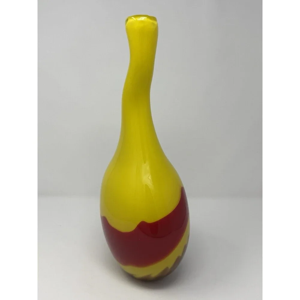 Yellow Red Brown Swirl Art Glass Vase Glossy Decorative Finish
